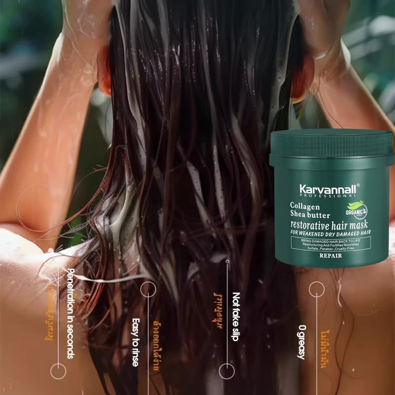 Karvannall Professional Collagen Shea Butter Restorative Hair Mask, 500Ml, for Weakened Dry Damaged Hair, Sulfate Paraben Free