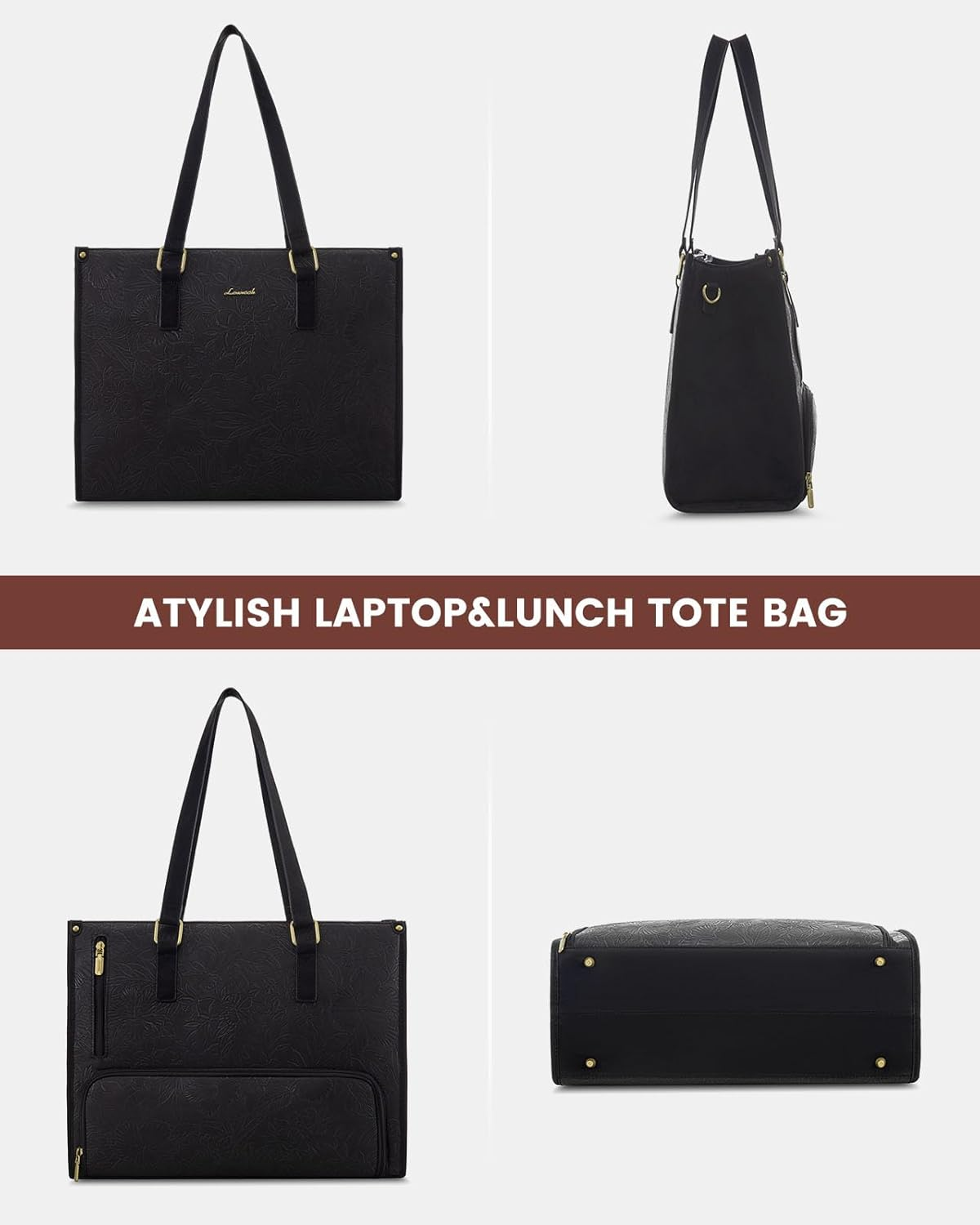 LOVEVOOK Lunch Tote Bag for Women, 15.6 Inch Laptop Bag with Insulated Lunch Compartment, Quilted Large Capacity Computer Handbag with Purse for Business, Work, Collage, Office, Casual, Jet Black image number 4