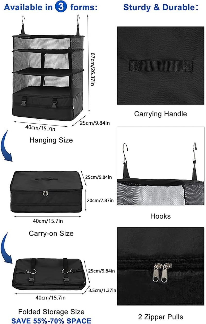 Travel Luggage Organizer Portable Travel Shelves Bag 3-Shelf Suitcase Cube Collapsible Hanging Closet Storage Bag Space Saver for Wardrobe Suitcase Carry On image number 5