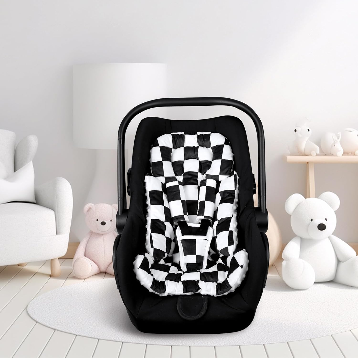 DILIMI Infant Car Seat Insert, Baby Car Seat Head Support with 3 Strap Paddings, Soft Newborn Carseat Cushion Insert for Stroller, Swing, Bouncers, Black Checkered image number 3