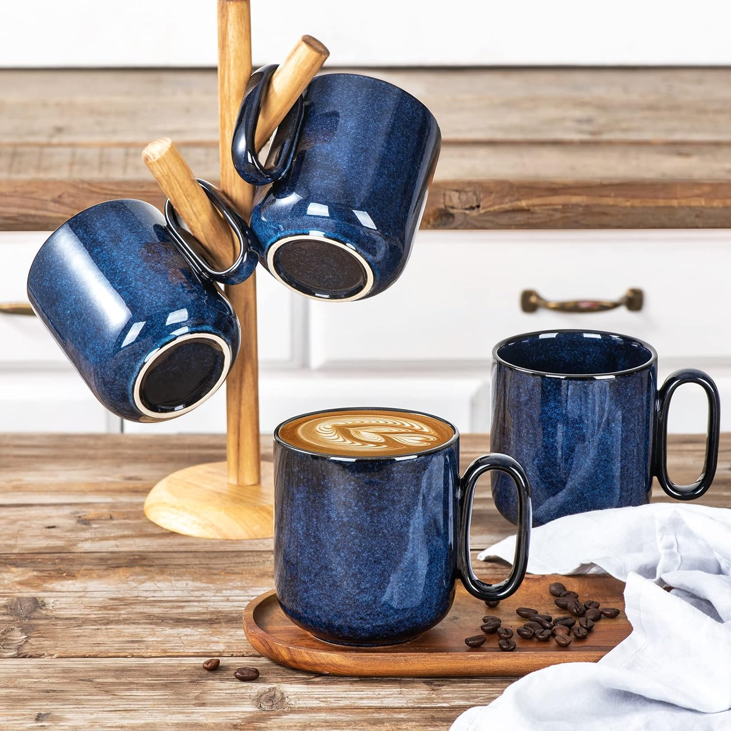 Vicrays Ceramic Coffee Mug Set - 18 Ounce Large Stoneware Mug for Men Women - Unique Glazed Porcelain Mugs with Handle for Coffee Latte Tea Milk Cocoa - Set of 4 (Blue) image number 3
