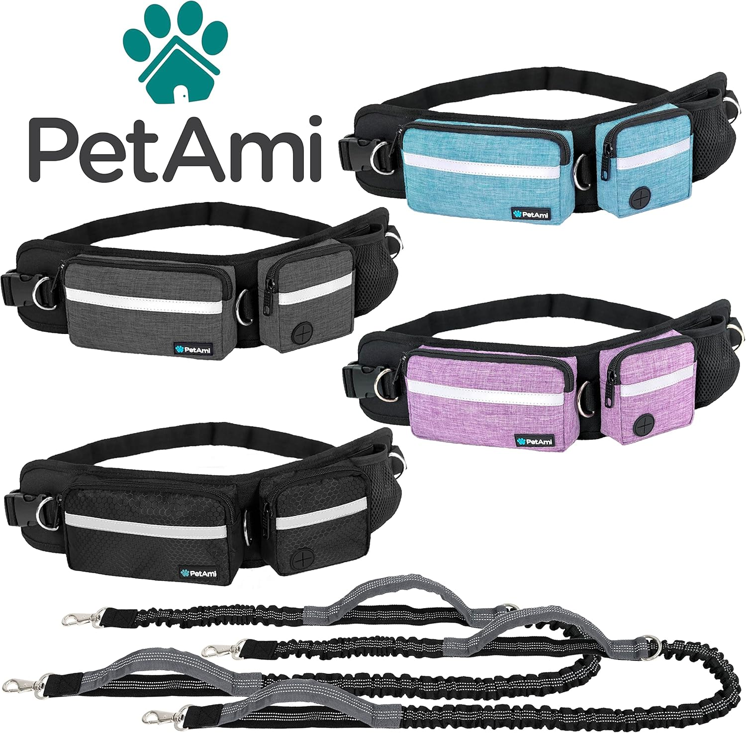Petami Hands Free Dog Leash, Running Leash Belt Bag for Walking, Jogging, Waist Double Zipper Pouch with Poop Dispenser, Dual Padded Handles Reflective Bungee Double, Purple, 2 Leashes image number 5