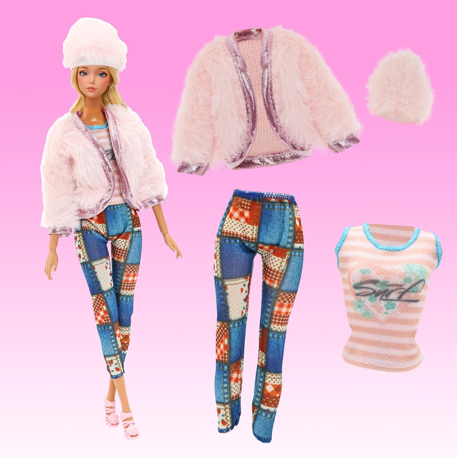 BARWA 25 Pack Doll Clothes and Accessories Handmade Including 1 Winter Coat 2 Sweater 1 Trousers Sets 3 Fashion Dresses 3 Outfits Tops and Pants 5 Mini Party Skirt and 10 Shoes for 11.5 Inch Dolls image number 3