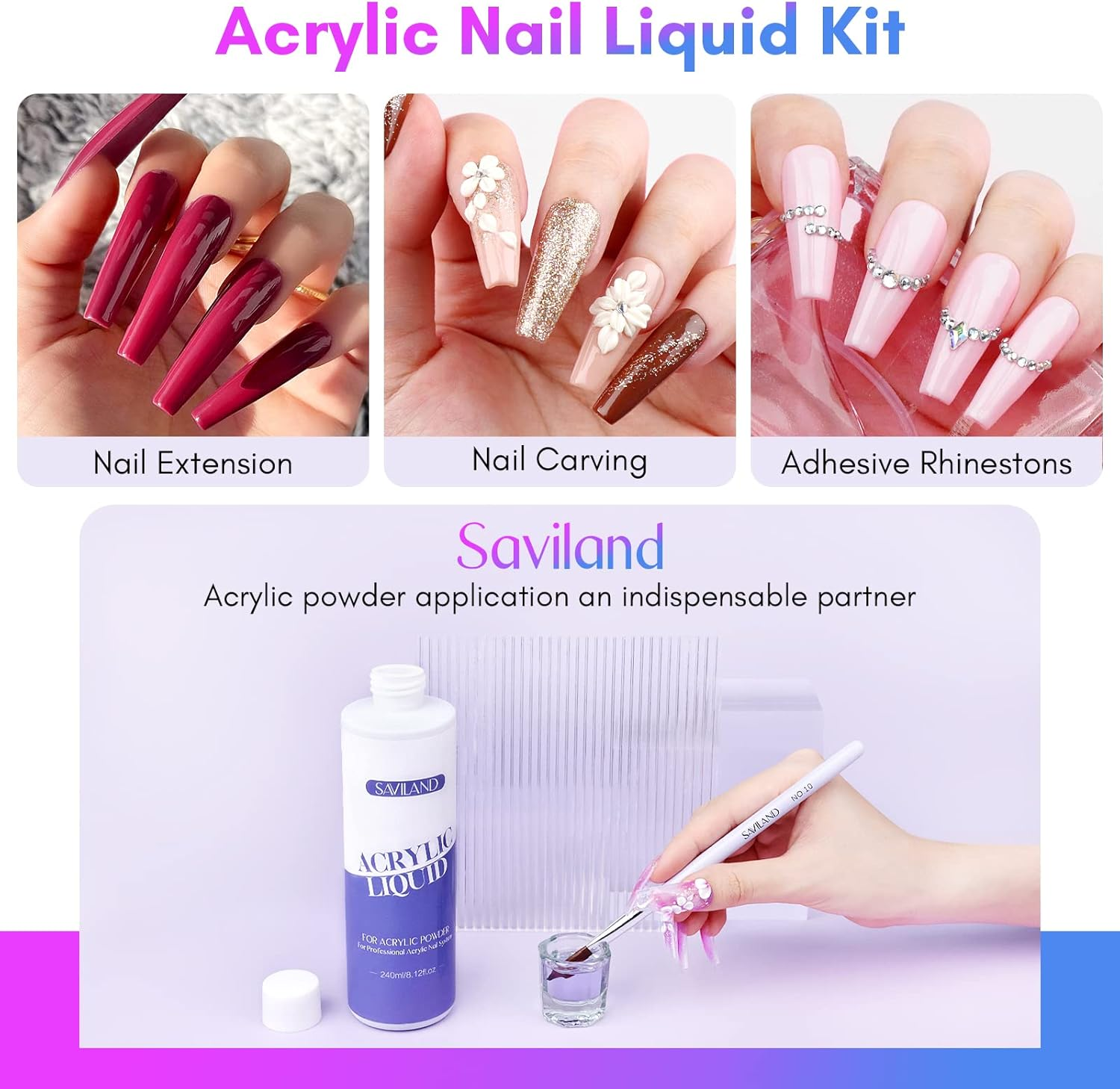 Saviland Monomer Acrylic Nail Liquid &ndash; 8.11Fl.Oz Acrylic Liquid with 3PCS Acrylic Brushes Size（8/10/14）For Acrylic Powders, True-Ema, Non-Yellowing Acrylic Nail Liquid for DIY Home Nail Salon Use