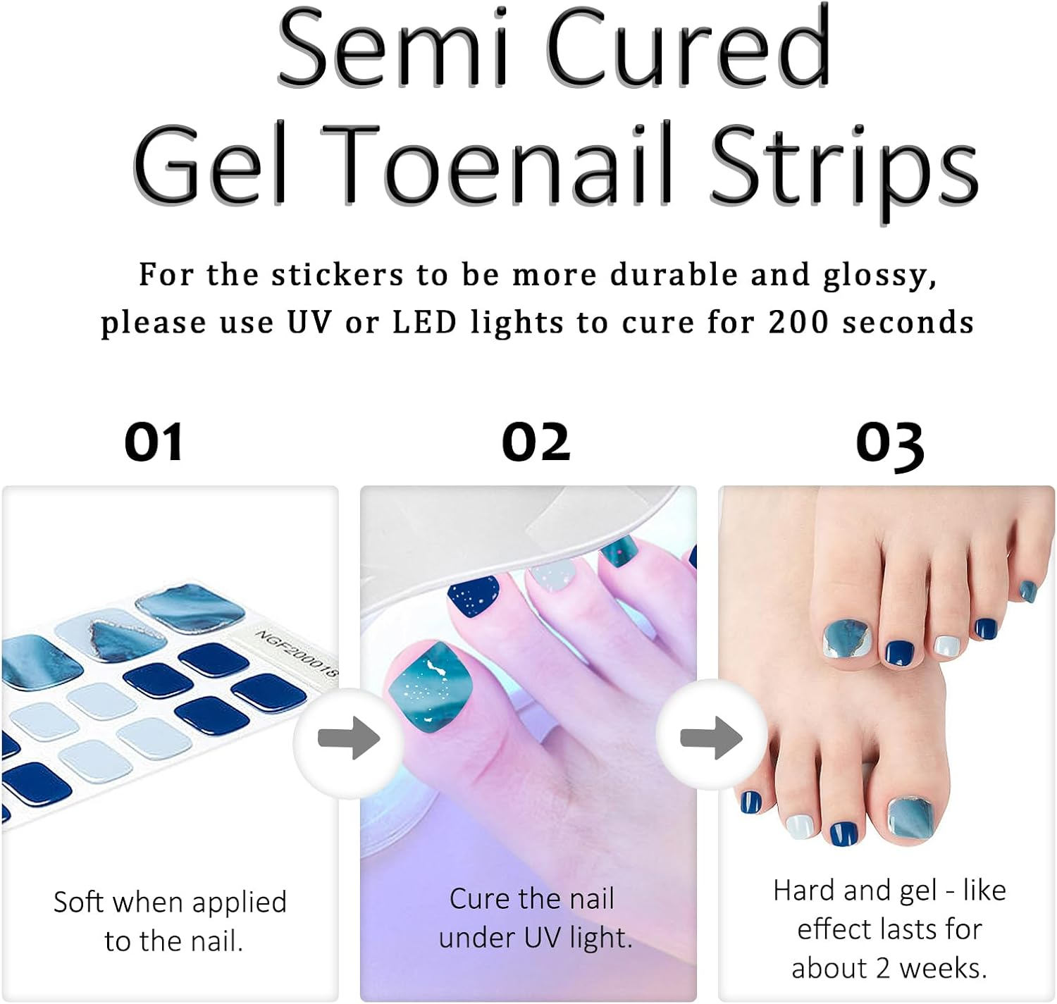 JERCLITY 1 Sheet 32Pcs Sea Wave Semi Cured Gel Toenail Strips, Toenail Wraps, Gel Pedicure Strips, Needed LED Lamp to Cured,1 Nail File,1 Wooden Cuticle Stick, 1 Plastic Press Stick