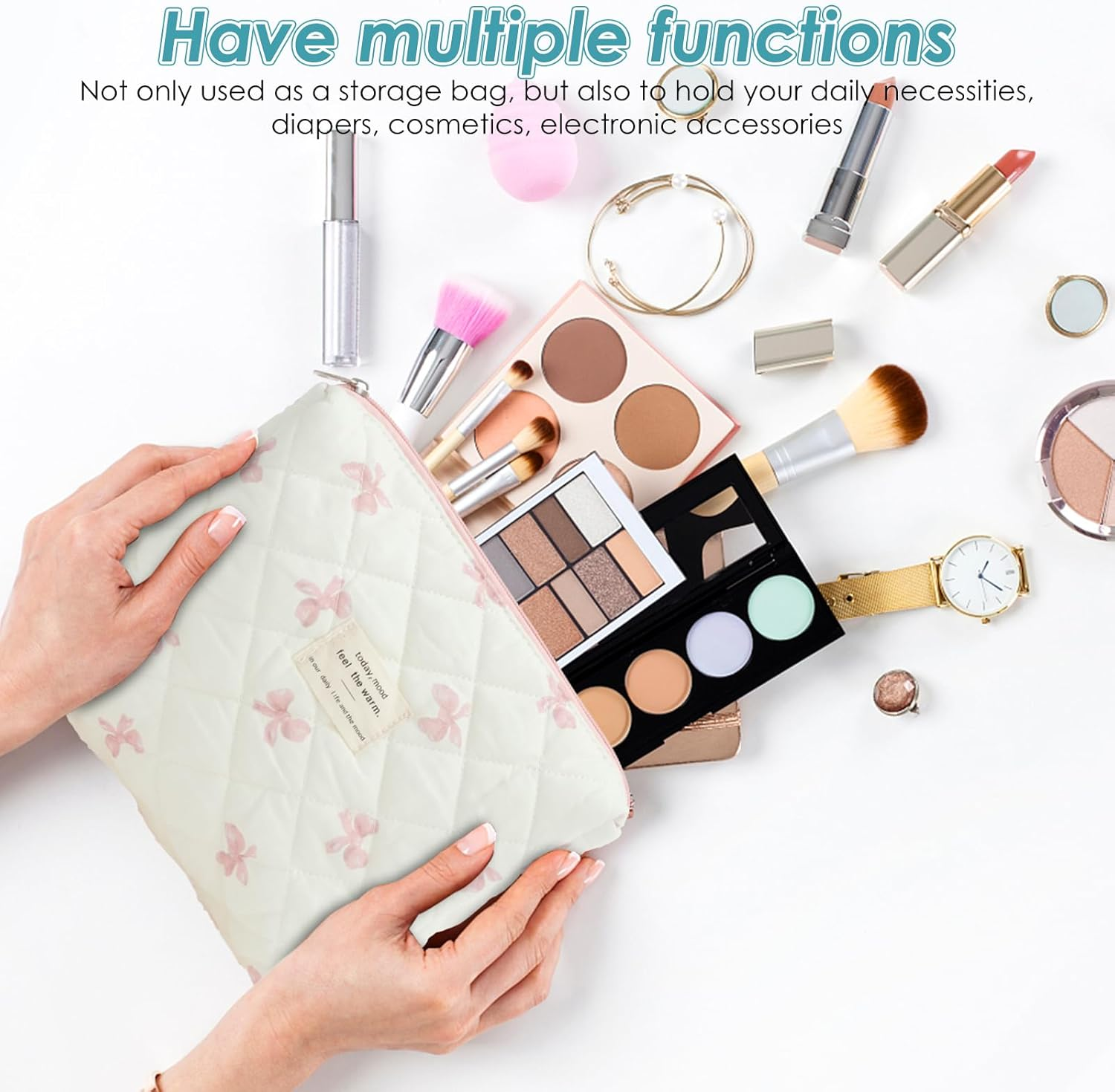 DJAPWPX 3 Pcs Makeup Bag, Cotton Quilted Cosmetic Bag, Cute Travel Makeup Pouch, Multifunctional Cosmetic Pouch Set for Women Girls Ladies (Pink) - Pink image number 4