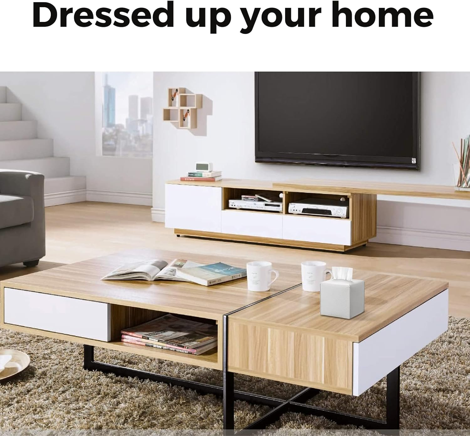 Tissue Holder White Tissue Box Cover, Square Decorative PU Leather Tissue Box Holder with Bottom Belt, JOMWEN Paper Organizer Dispenser for Home, Car, Hotel, Office 5"X5"X5" (Off-White) image number 3