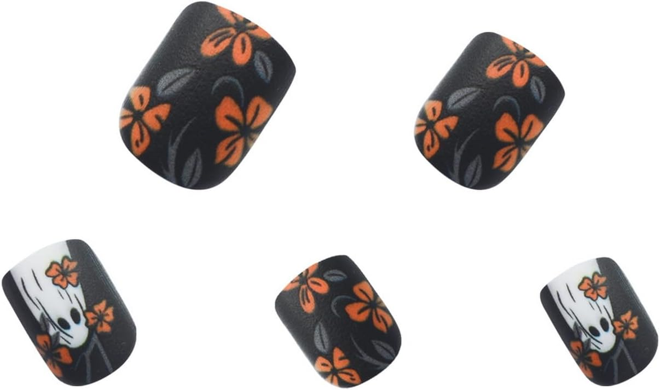 Halloween Yellow Flowers Press on Nails Short Square Fake Nails with Cute Little Ghost Designs Black Matte Artificial Nails Full Cover Stick on Nails Halloween Glue on Nails for Women Nail Art DIY image number 1
