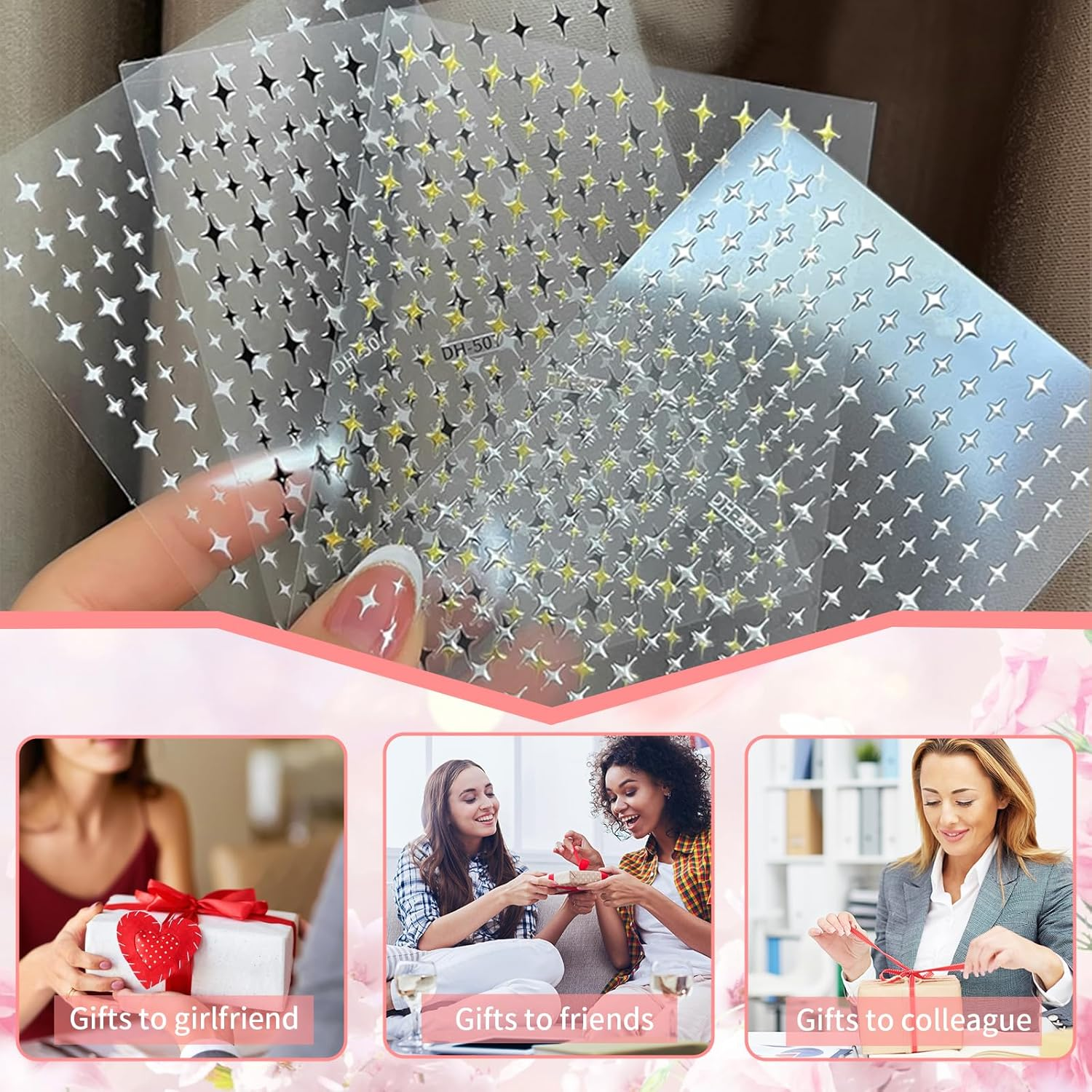 Aymorder Nail Art Stickers, 16 Sheets, Multicolor Star Pattern, Resin Material, Retro Modern Style, Self-Adhesive, Perfect for Nail (Keratin) Decoration image number 2