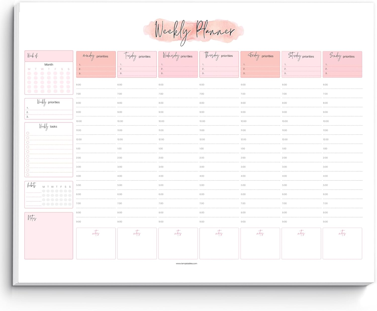 Weekly Hourly Planner Notepad, Daily Planner Desk Pad, Weekly Schedule, to Do List Note Pad, ADHD Planner | 50 Undated Tear Away Sheets A4 | Mono