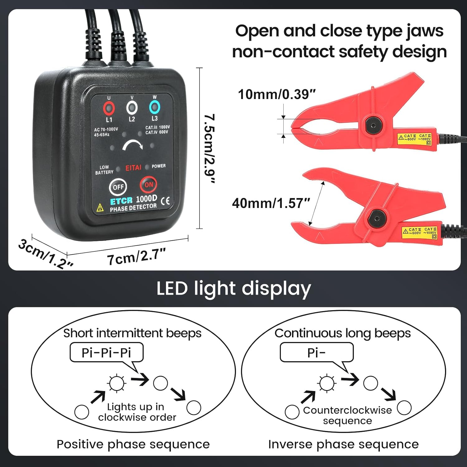 EITAI-ETCR1000D Non-Contact Phase Sequence Tester, AC 70V-1000V, &Phi;1.6Inch/40Mm, Manufacturer Direct Sales, Phase Rotation Meter image number 4