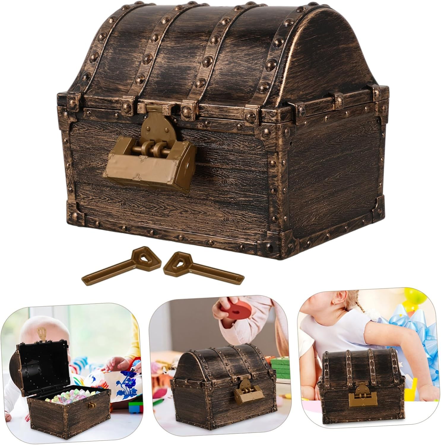 GLEAVI Pirate Treasure Chest Small Vintage Style Miniature Party Decor Decorative Treasure Box for Boys and Girls Long Lock Retro Bronze Finish Suitable for Pirate Party Supplies image number 5