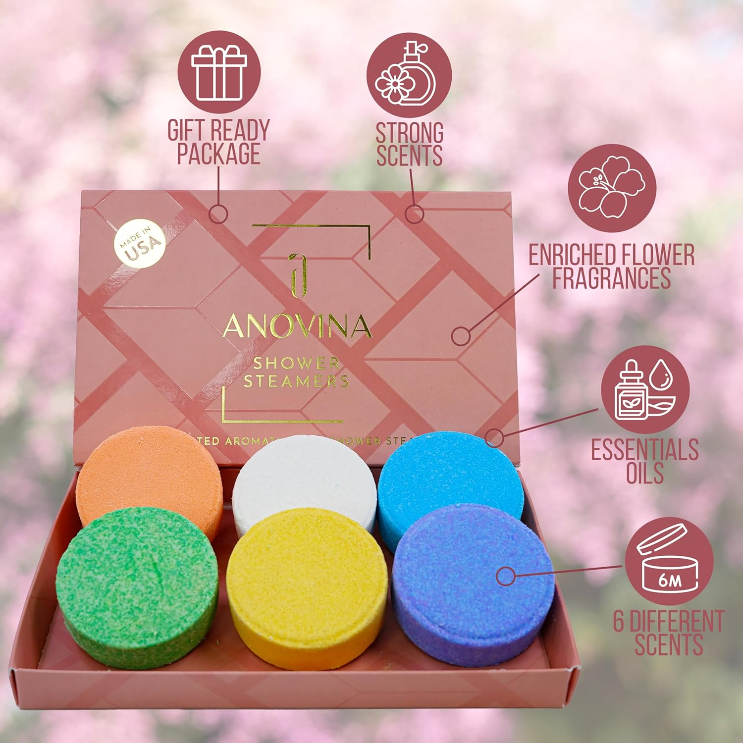 Anovina XL Made in USA Shower Steamers &ndash; Aromatherapy Variety Gift Box with Pure Essential Oils &ndash; Shower Bombs, Self-Care Gifts for Women & Men &ndash; Mothers Day Gift Idea. image number 1
