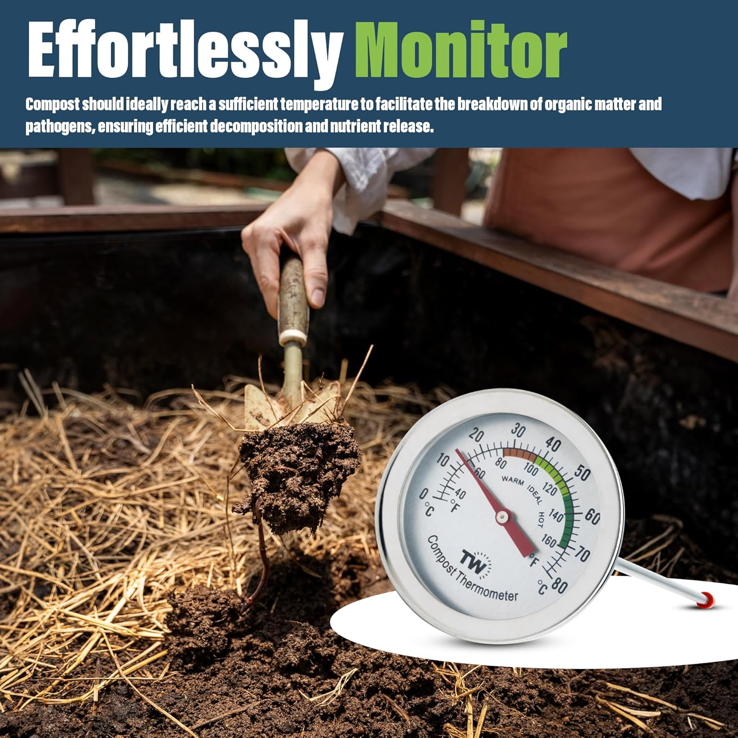 Compost Thermometer - Stainless Steel Dial Thermometer for Home and Backyard Composting - 50Mm Diameter C&F Dial, 295Mm Temperature Probe image number 3