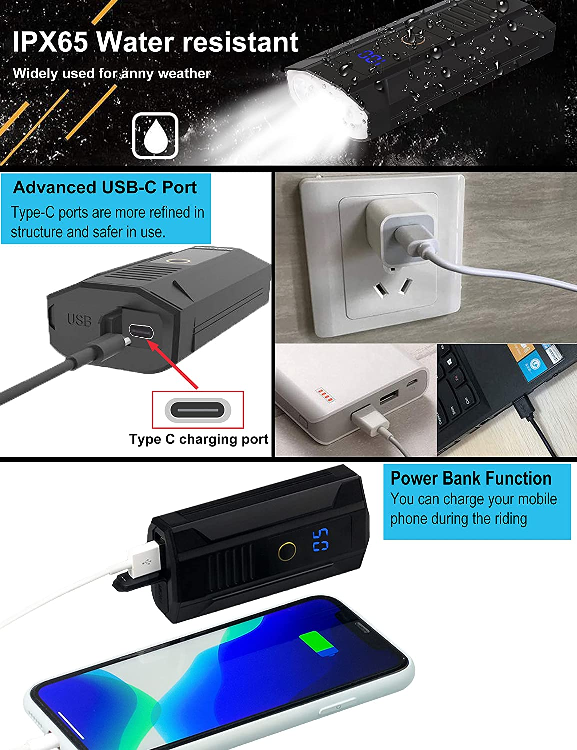 Bike Lights Front USB (Type-C) Rechargeable 1800 Lumen Bicycle Headlight Waterproof Led Bicycle Lighting Flashlight, Easy Install & Quick Release image number 3