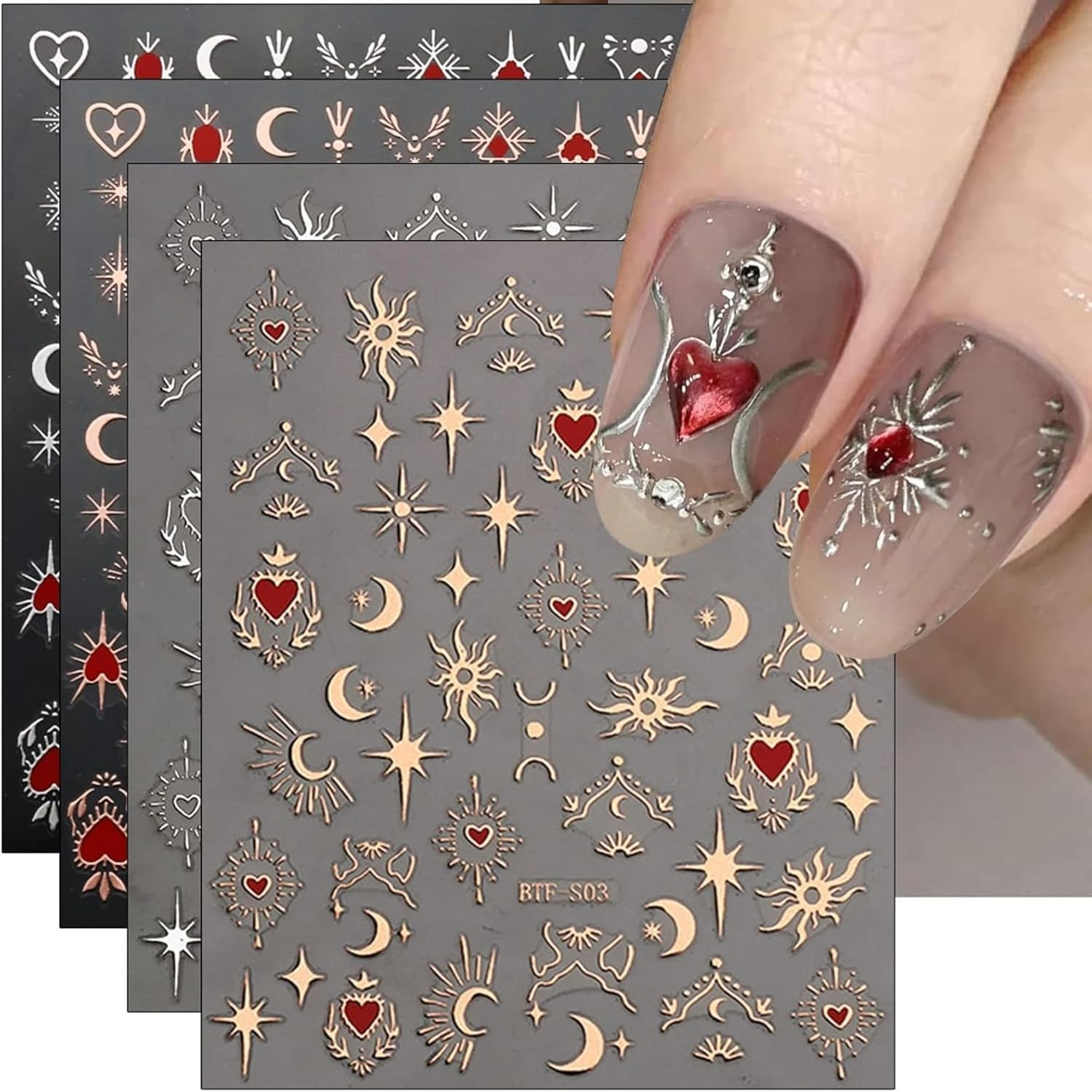 Gold Foil Love Heart Sun Moon 3D Adhesive Stickers, Moon Star Nail Art Stickers, Self-Adhesive Sun Nail Supplies, Nail Design Decoration Accessories (Gold Stamping-5Pcs) image number 2