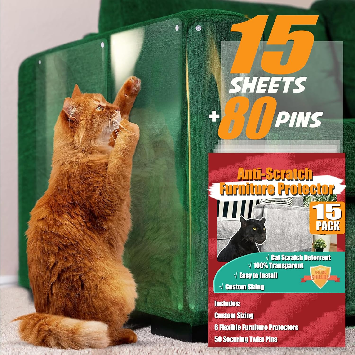 Cat Scratch Furniture Protector - Pack of 15, Adhesive Clear Cat Training Couch Protector - Plastic, Used as a Heavy-Duty Scratch Resistant Cat Protector for Sofas and Doors image number 2