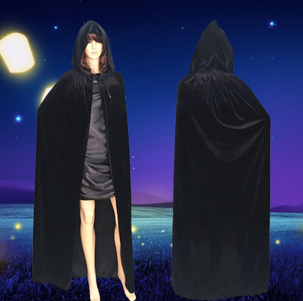 Unisex Hooded Cloak,Velvet Cloak with Hood Cloak Long Velvet Cape for Halloween Christmas Cosplay Costume(Black)