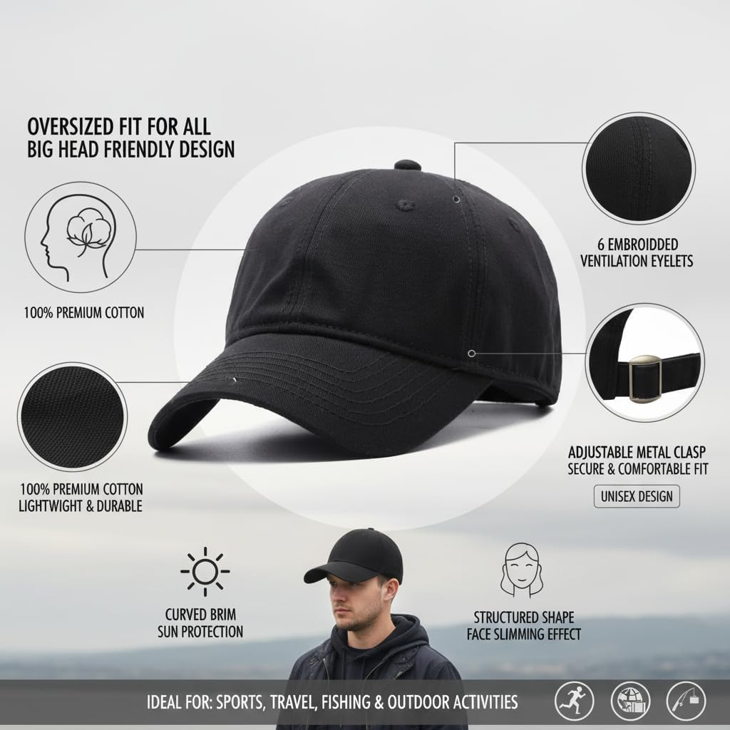 Oversize Baseball Cap for Men with Big Head, 23.6"-26.8" Adjustable Running Hat for Outdoor Sports, Sun Protection & Daily Use Black image number 2