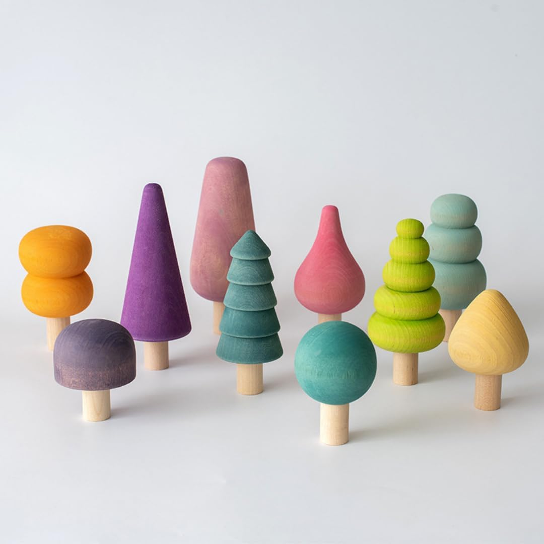 10Pcs Pastel Wooden Toys Tree Set Wooden Forest Various Sizes Natural Woodland Trees Creative Children'S Arts Sensory Toys Open Ended Montessori for Toddlers Montessori Toys for Babies