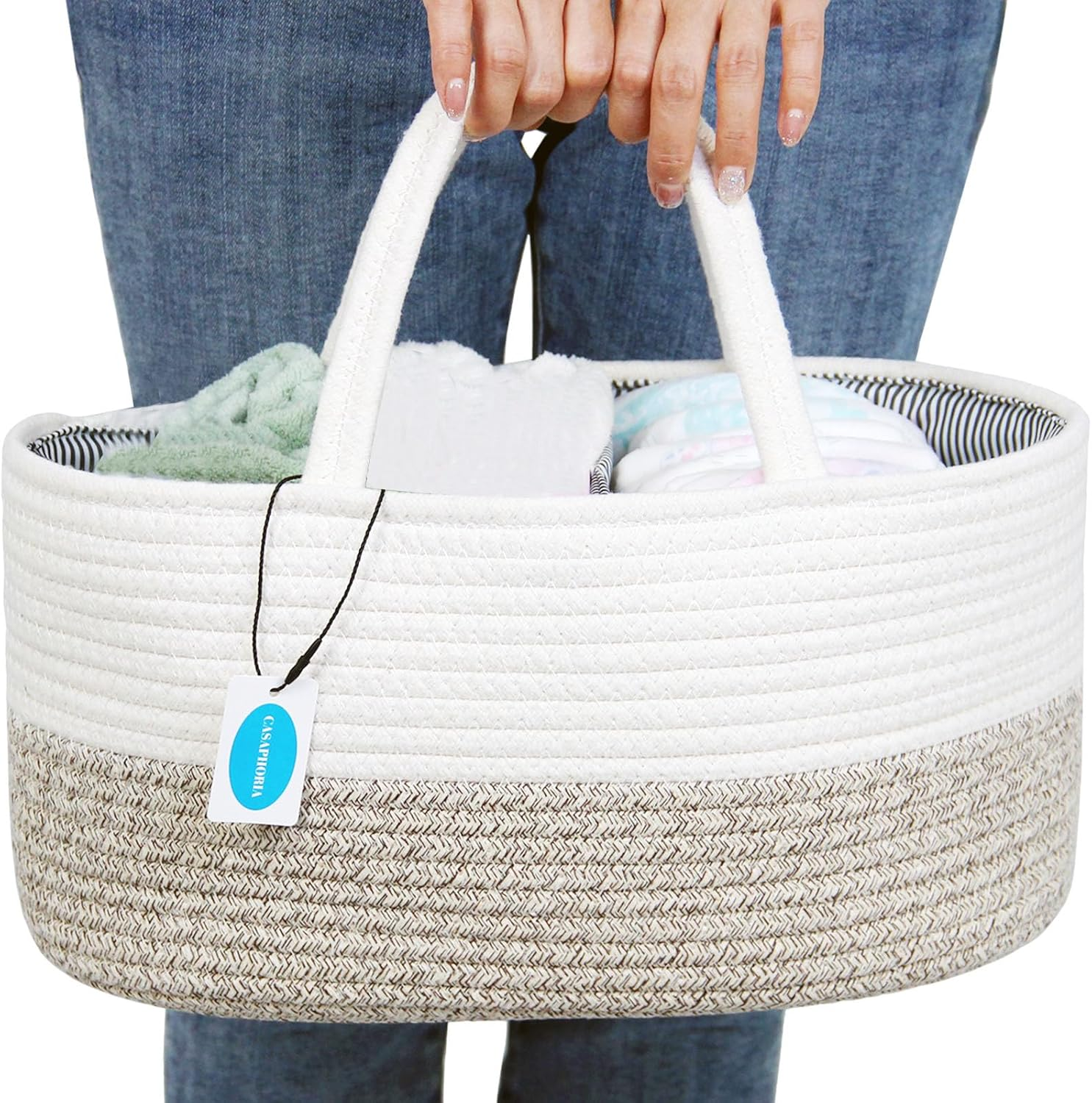 Casaphoria Caddy Organization Woven Cotton Rope Basket Storage Caddy or Gift, Soft Circular Basket with Handle, Cotton Material,Light Brown(15.5"X10"X7.5")