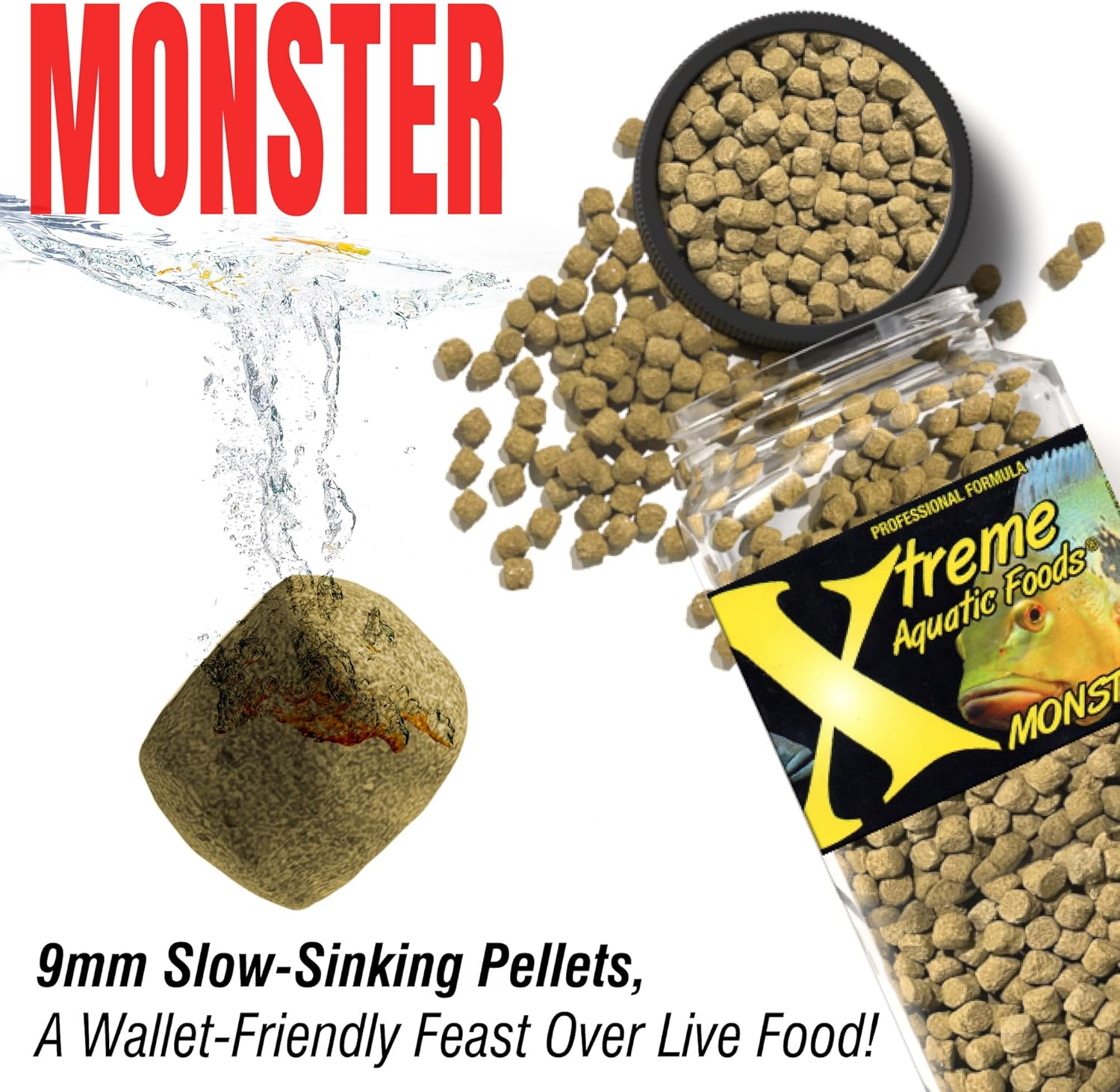 Xtreme Aquatic Foods Monster 9Mm Sinking Pellets Fish Food 510 Grams (18Oz) - for Jumbo, Large, Predatory, Carnivorous Fish, Cichlids, Peacock Bass, Also Suitable for Fry and Turtles image number 1