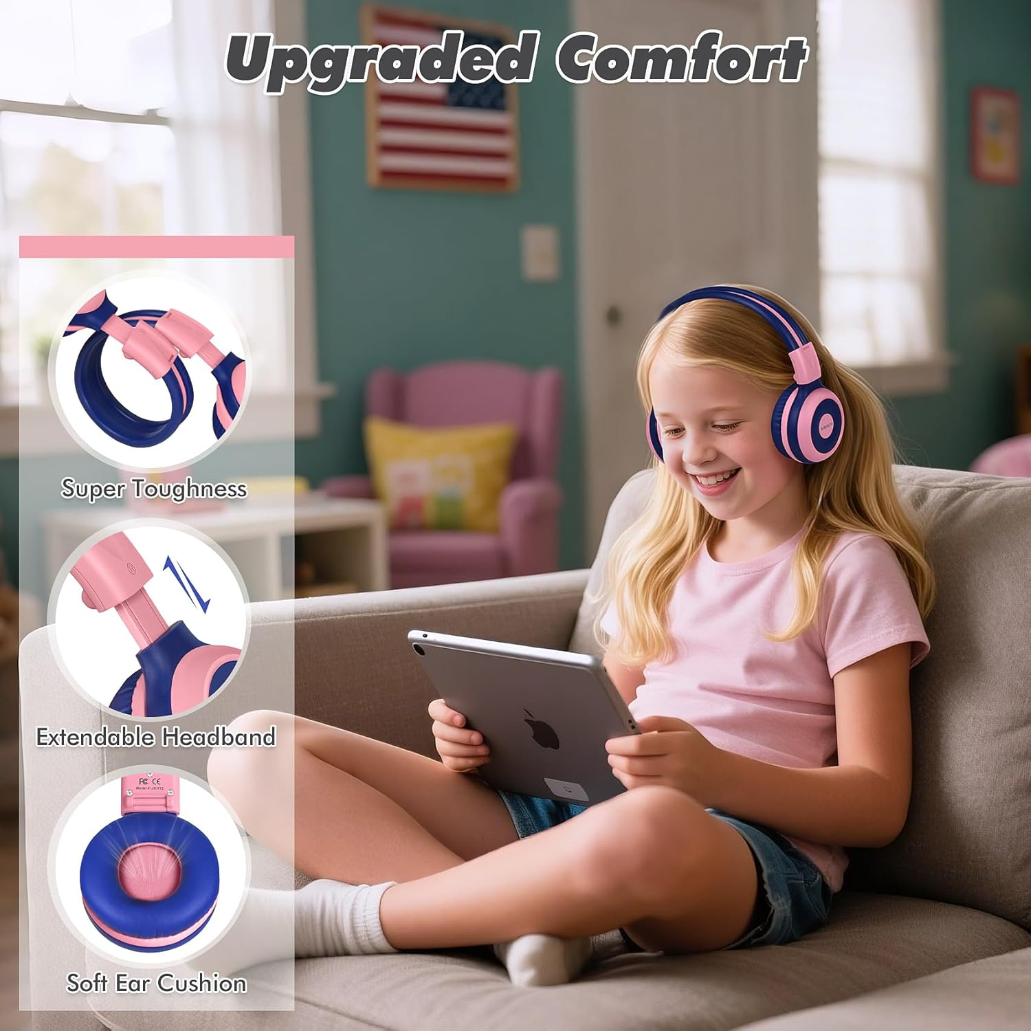 SIMOLIO Kids Headphones Bluetooth with 75Db,85Db,94Db Safe Volume for Hearing Protection, Wireless Headphone for Kids with Mic & Share,Foldable Kids Headset with In-Line Audio Control for Girls (Pink) image number 2