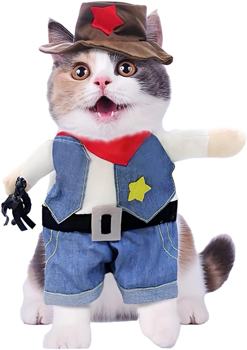 Cowboy Dog Costume with Hat, Funny Cat Costume, Cowboy Halloween Costumes for Cat & Puppy, Cute Cat Clothes Party Cosplay Costume for Cats, Puppy & Small Dogs (Blue, X-Small) image number 3