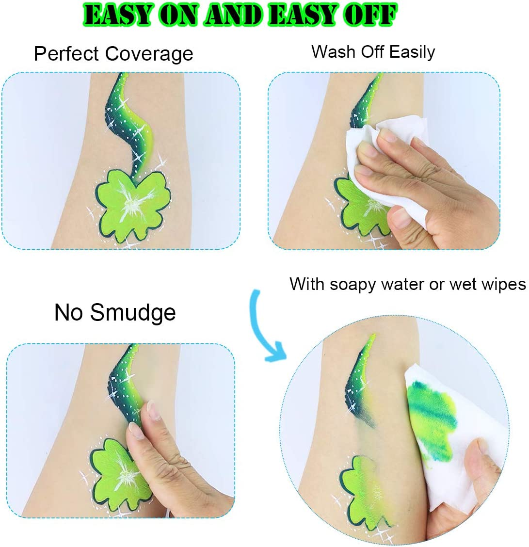 Bowitzki Face Paint 12X10 Gm Professional Body Painting Kit for Kids Adults Stencil One Stroke Split Cake Non Toxic Rainbow Flora Dolphin Unicorn Flame Makeup Halloween Christmas Easter - Bright Set image number 6