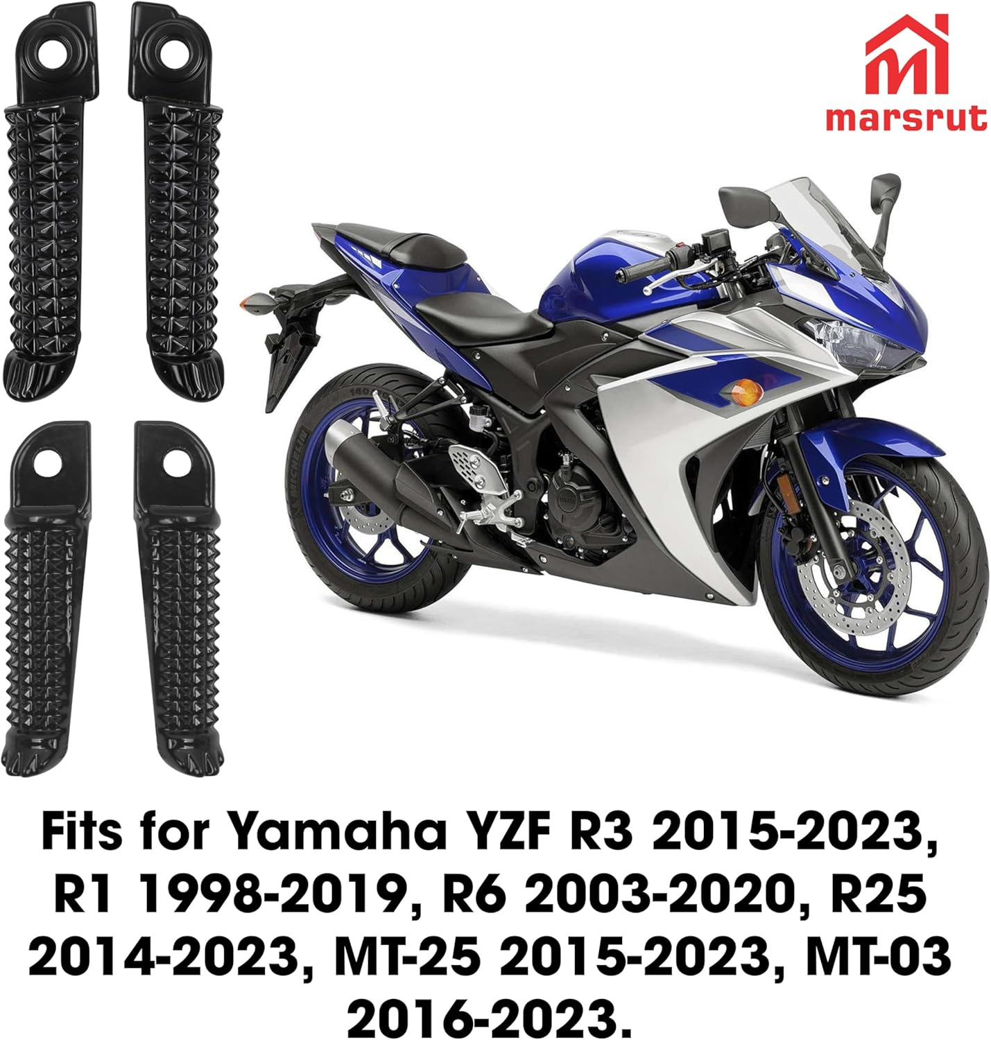 2 Set Motorcycle Footrests Fits for Yamaha YZF R1 1998-2019, R6 2003-2020, R3/R25, MT25, MT03 2014-2023, Foot Pegs Pedal for Front and Rear (Black) image number 2
