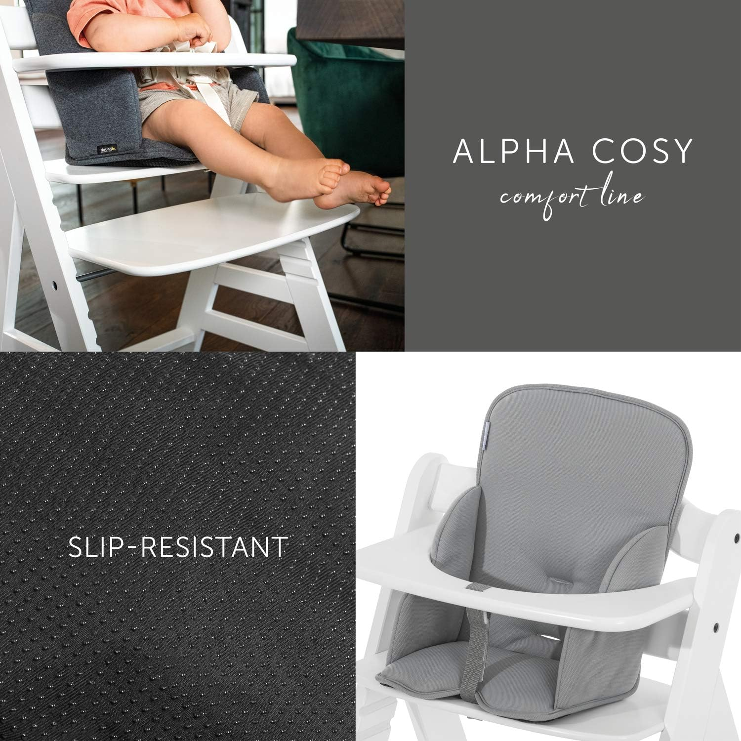 Hauck Alpha Cosy, Stretch Grey - Seat Reducer Cushion for Alpha+ Wooden Highchair, Supportive Seat Pad for Toddlers 6 Months+, Soft Fabric, Machine Washable, anti Slip image number 2