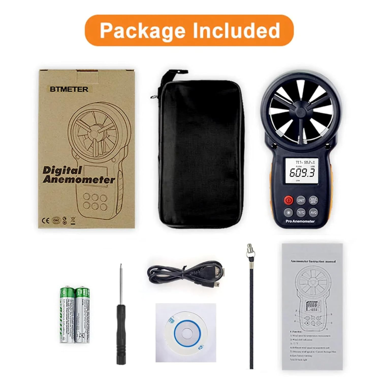 Holdpeak 866A Anemometer HVAC, Pro CFM Air Flow Meter for Wind Speed Temp Humidity Dew Point Airflow Measuring Device, Handheld Wind Gauge Meter with USB image number 3