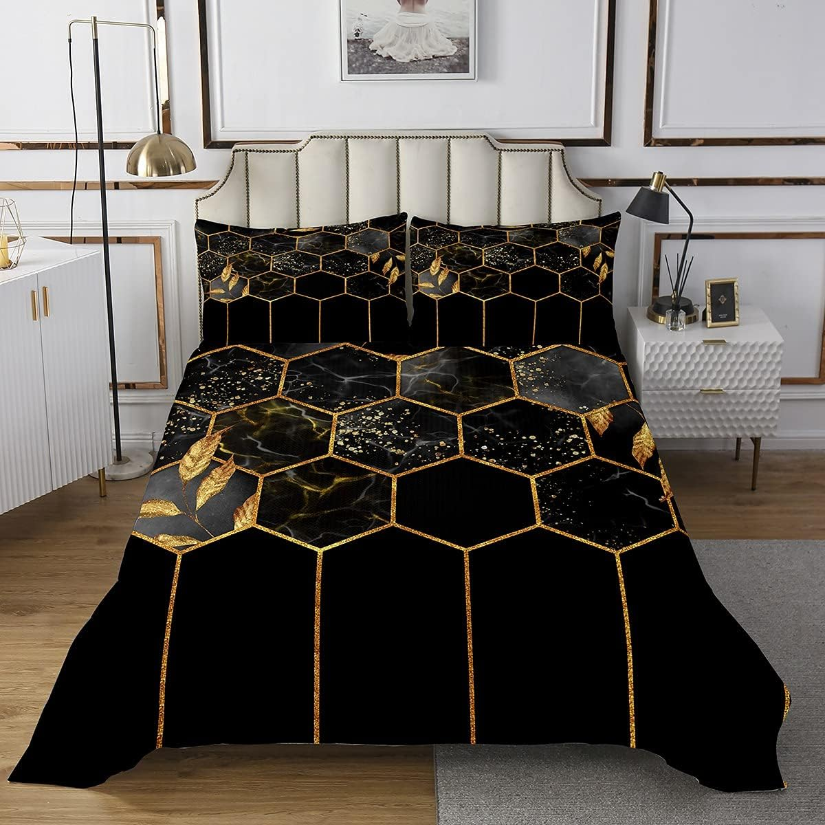 Marble Bedspread Set 240 X 260 Cm, Black Grey Geometric Gold Plaid Bed Linen Set, Modern Luxury Diamond Quilt Set with Metallic Stripe Printed Beehive Hexagon Grid Coverlet Set, Honeycomb image number 4