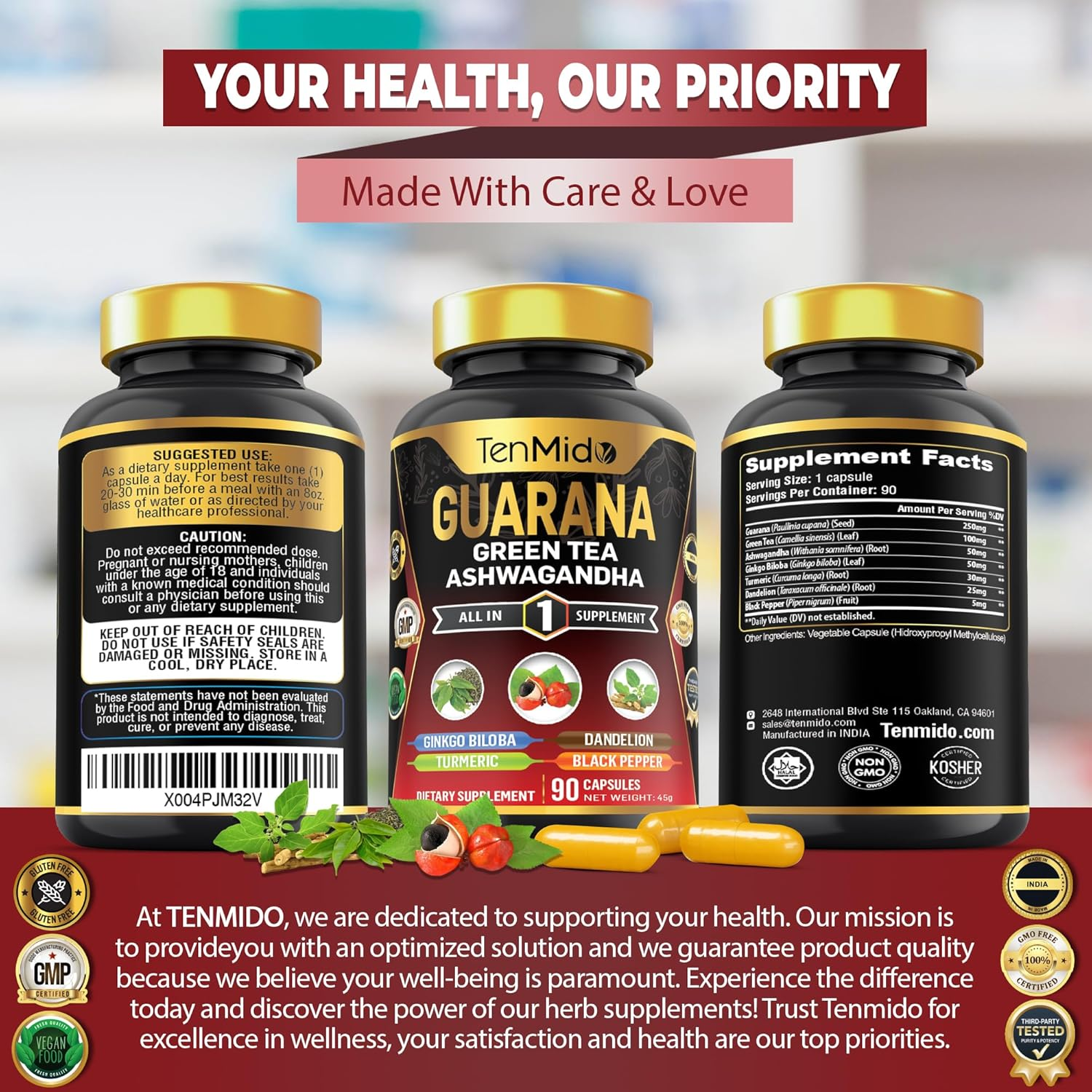 Guarana Supplements - 7In1 with Green Tea, Ashwagandha, Ginkgo Biloba, Turmeric, Dandelion and Black Pepper - 90 Vegan & Non-Gmo Capsules image number 3