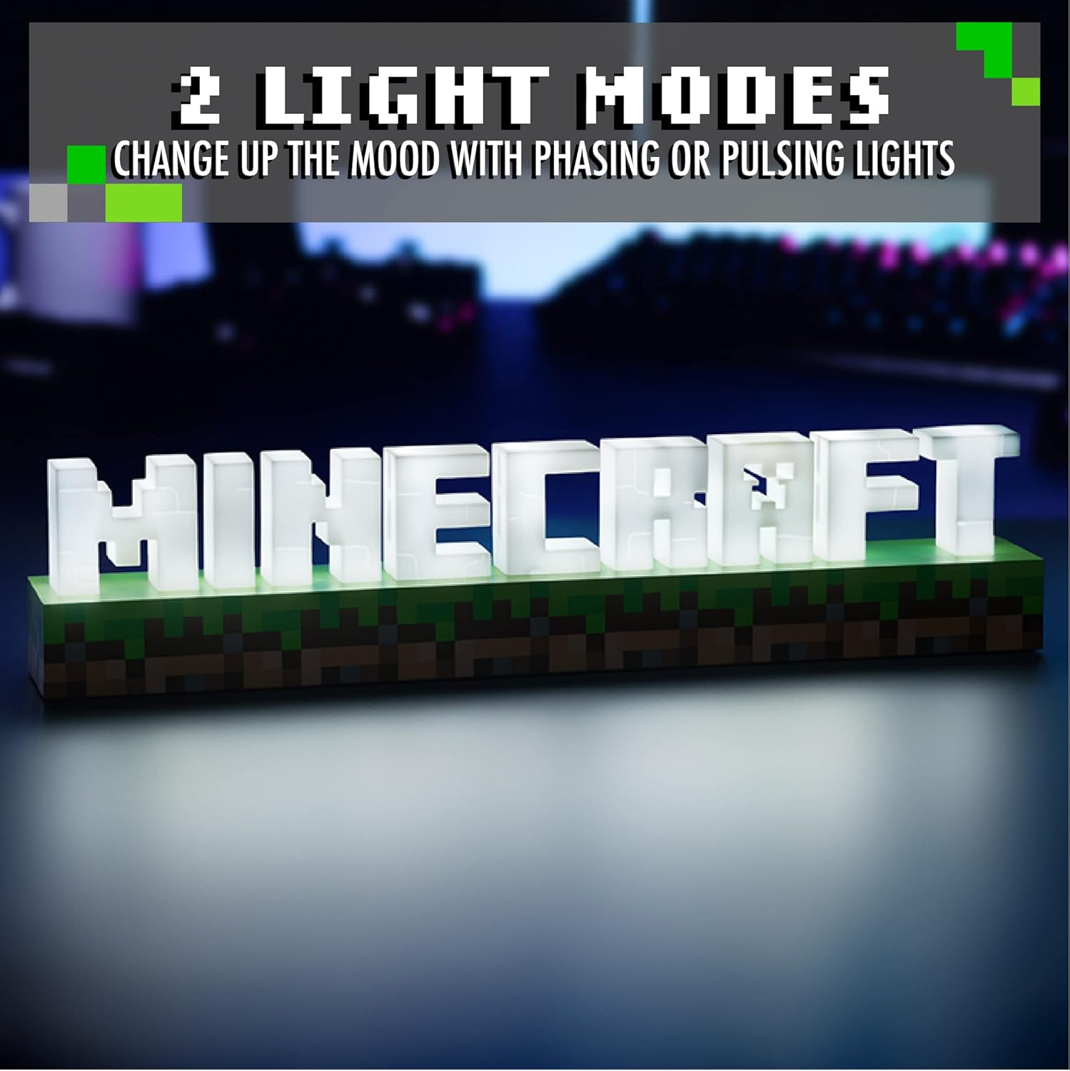 Paladone Minecraft Logo Light - Battery or USB Operated - 2 Light Modes - Officially Licensed Merchandise,White/Brown/Green image number 2