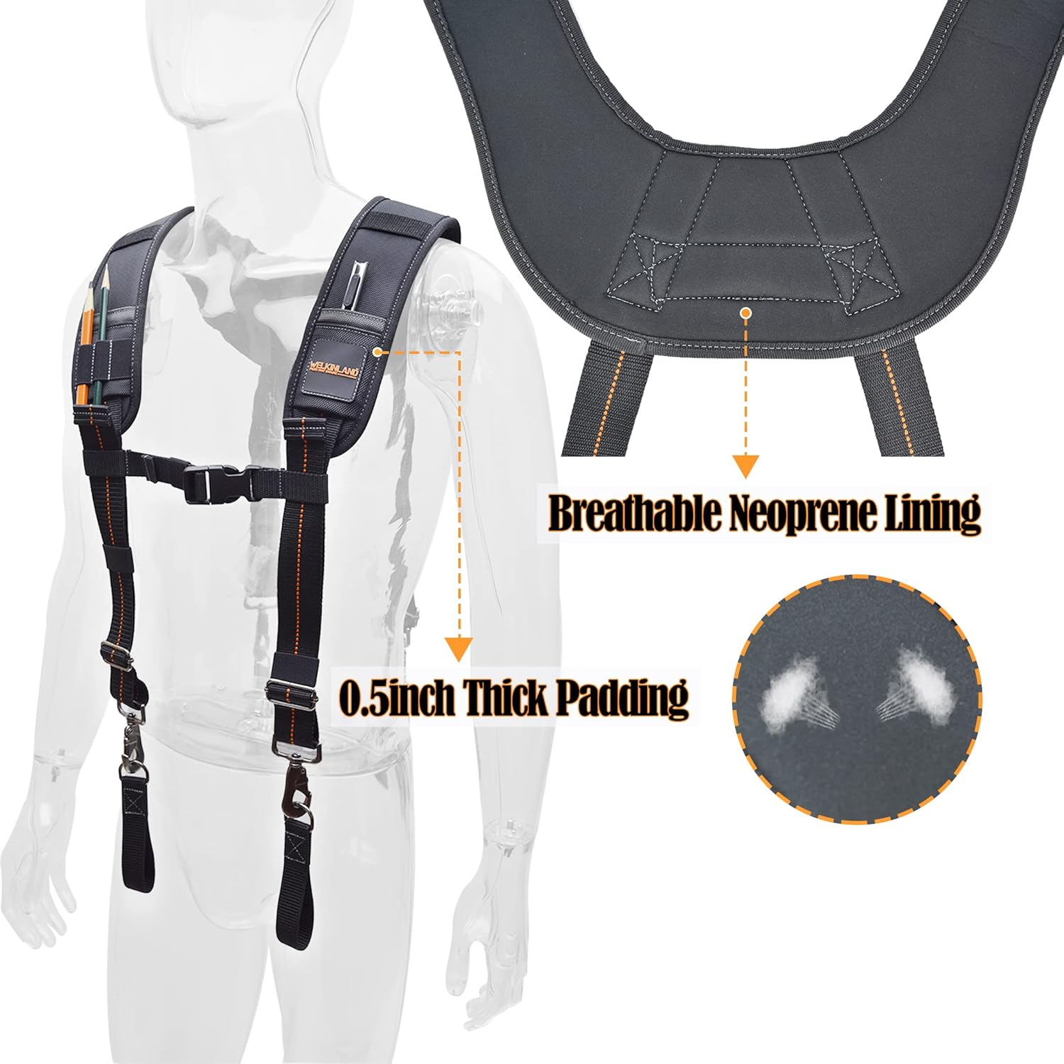 WELKINLAND Tool Belt Suspenders, Bag Bag Nail Suspenders Carpenter, Construction for Men, Men Black W/Orange image number 4