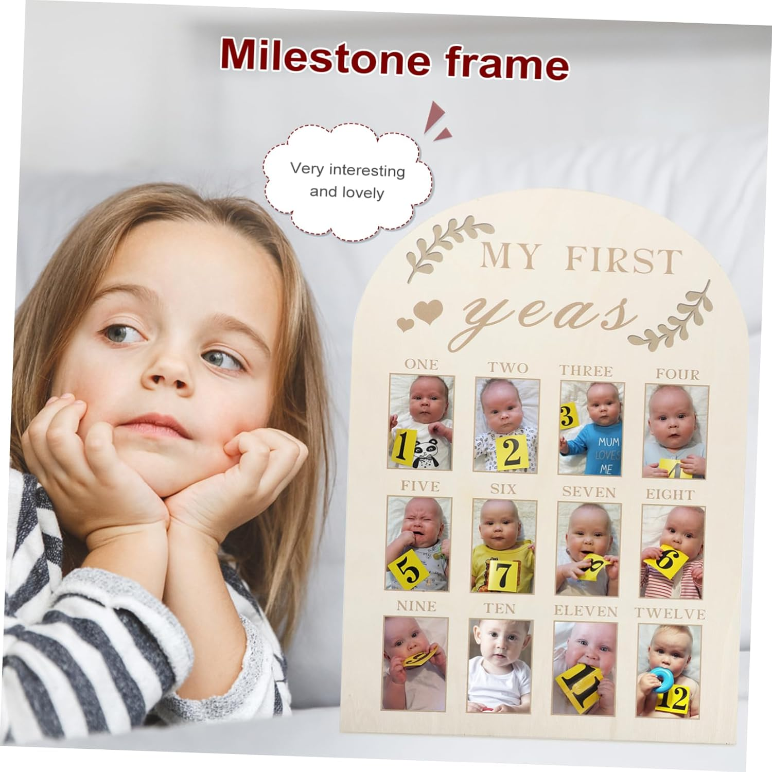 Vaguelly Sturdy Wooden Photo Frame for First Year Newborn Milestones Month Keepsake image number 1