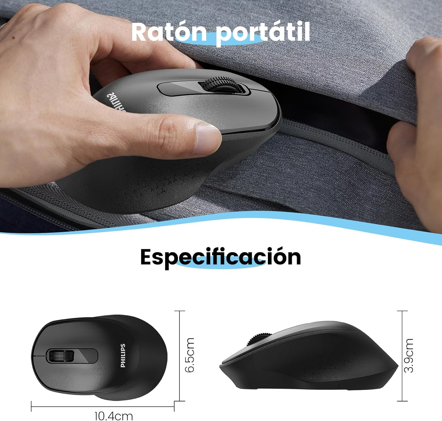 PHILIPS Wireless Mouse SPK7448 - Ergonomic Mouse with USB Connection, Comfortable Design, 3 Buttons, Scroll Wheel, for Computer, Laptop, PC, Notebook, Office and Home (Black) image number 6