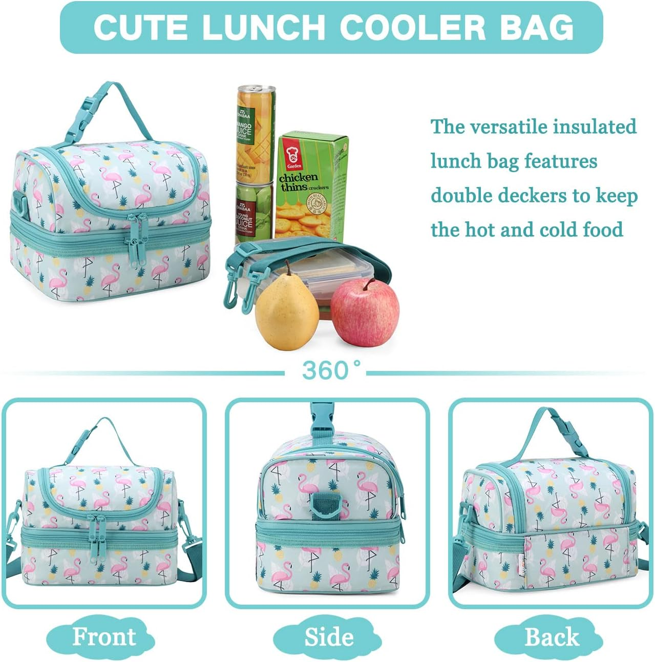 Lunch Box Bag Kids,Vaschy Insulated Two Compartments Cooler Bags Girls/Women W Shoulder Strap for School,Daycare,Kindergarten,Picnic Flamingo - Black image number 6