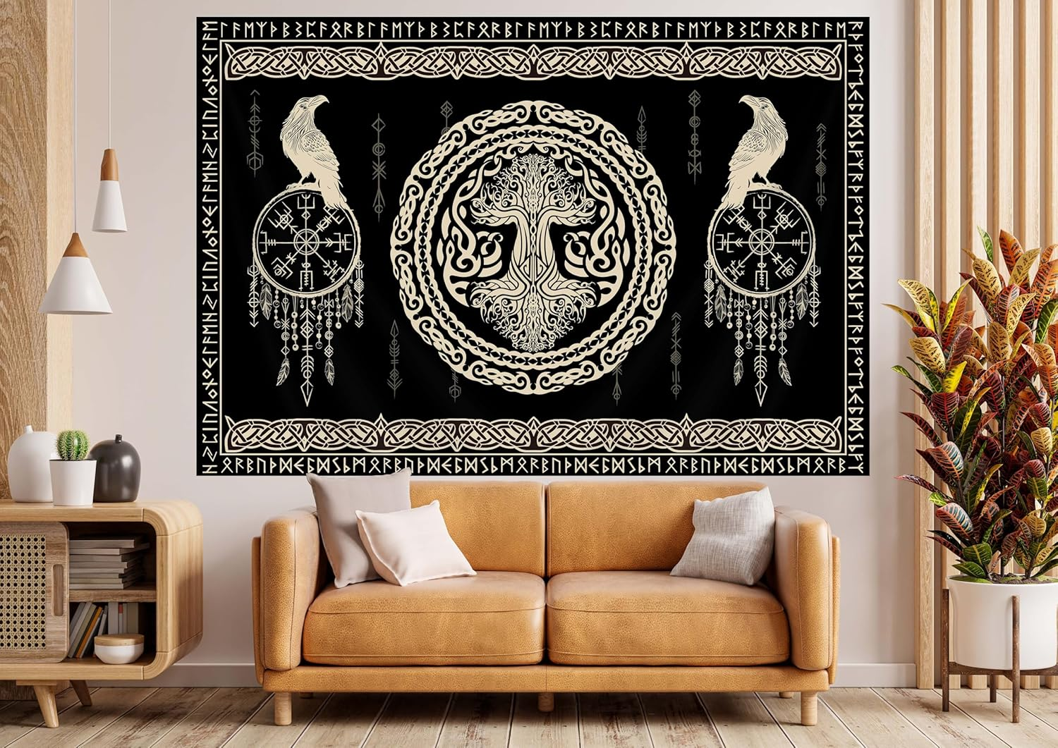 Hajmsug Vikings Tapestry,Black and White Tree Bird of Wisdom Celtic Rune Ancient Rune Totem Norse Mythology Medieval Viking Wall Art,Aesthetic Mythology Tapestry for Bedroom Living Room,60X40 Inch. image number 7