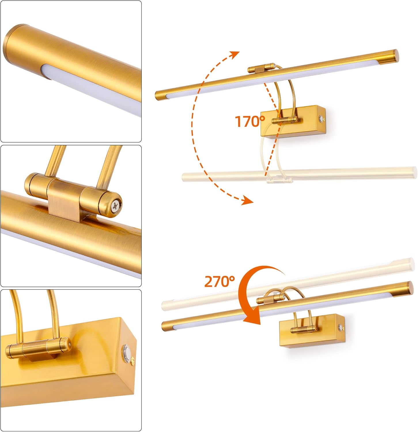 Mantolite Dimmable Picture Wall Light, 15 W, Brass, 60 Cm, LED Bathroom Mirror Light with Rotating Lamp Head for Hotel Restaurant Arc Arm, 3000 K / 4500 K / 6000 K Bed Reading Lights Display Lamps image number 6