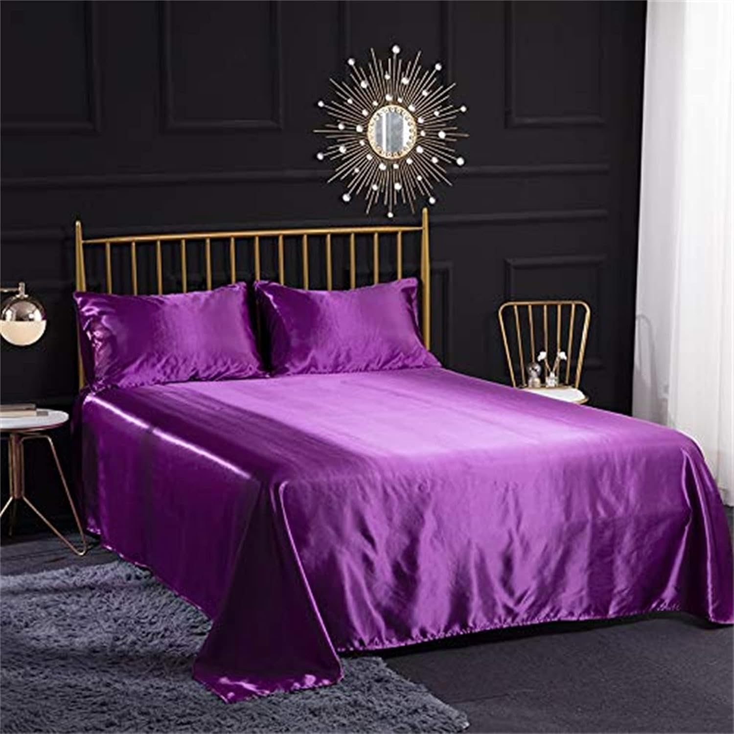 MAYILNSIN Cream Satin Silk Sheet Set 4 Pieces Satin Fitted Sheet Bed Sheet Pillowcase Breathable Soft and Comfortable Bedding Set Super King Size image number 5