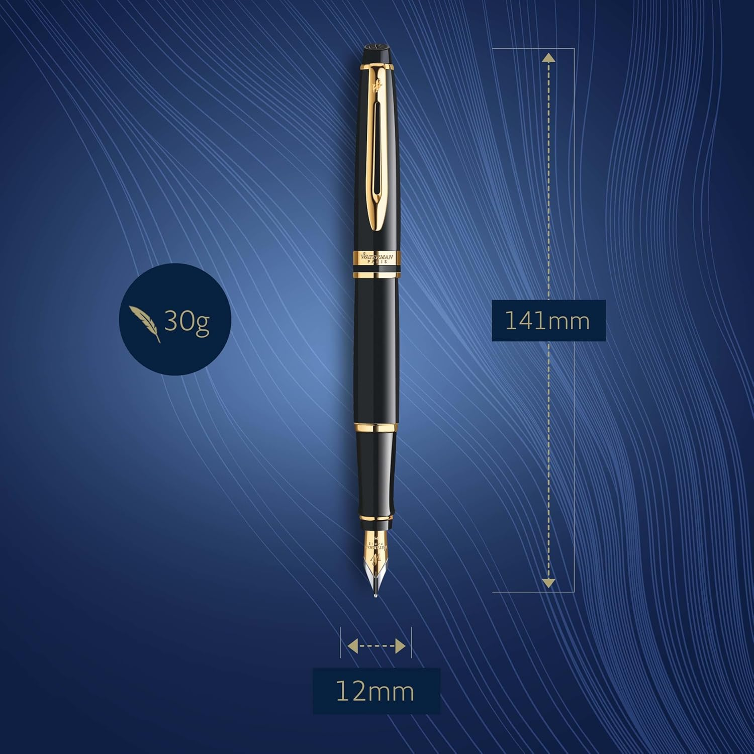 Waterman Expert Fountain Pen | Gloss Black with 23K Gold Trim | Medium Nib | Gift Box image number 3