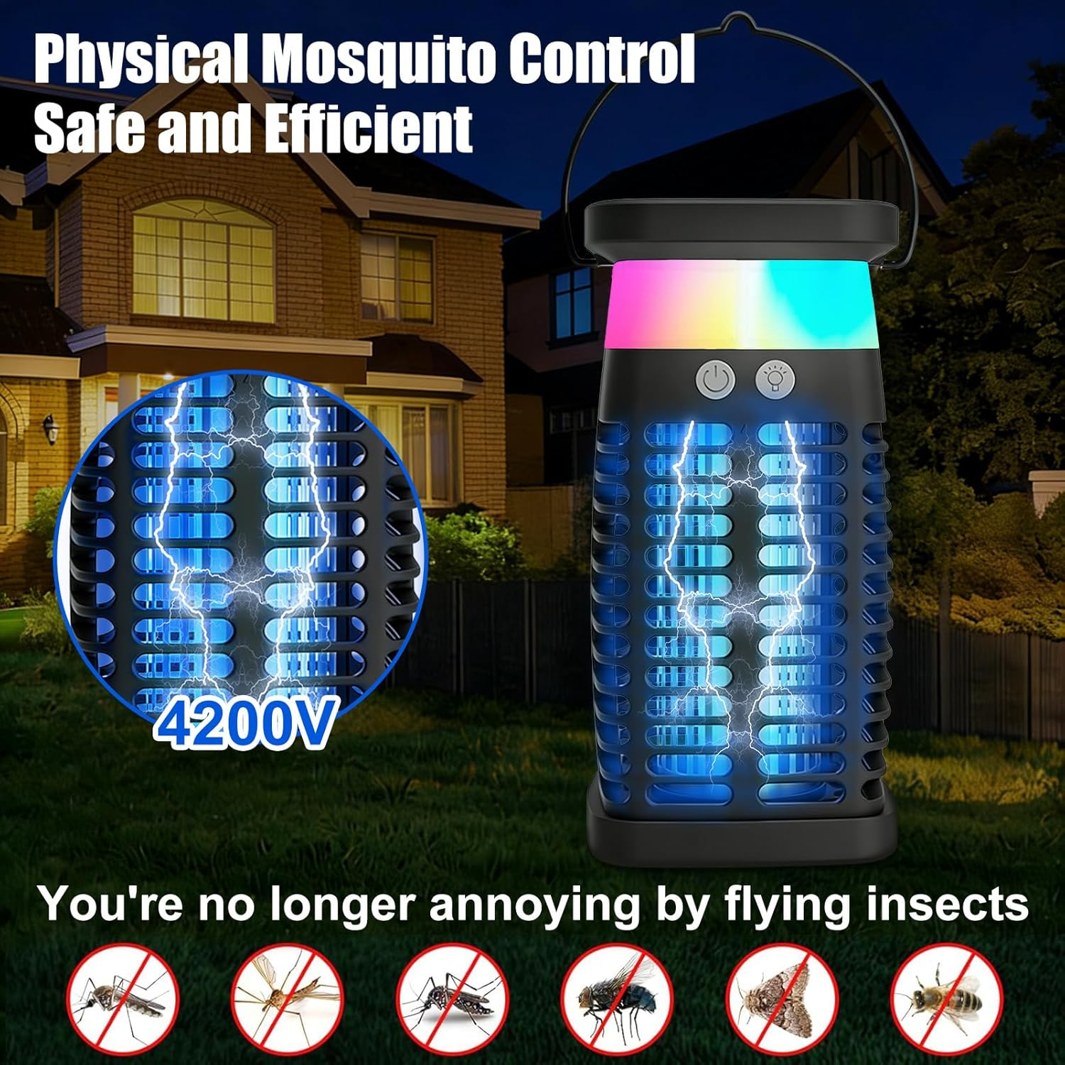 Solar Bug Zapper Electric Mosquito Zapper with Switch & 7 Modes, 4200V Rechargeable Fly Trap Outdoor & Indoor Insect Killer with RGB Light,Panel Sensor&Reading Lamp,Portable Trap Lamp for Garden&Camp image number 5