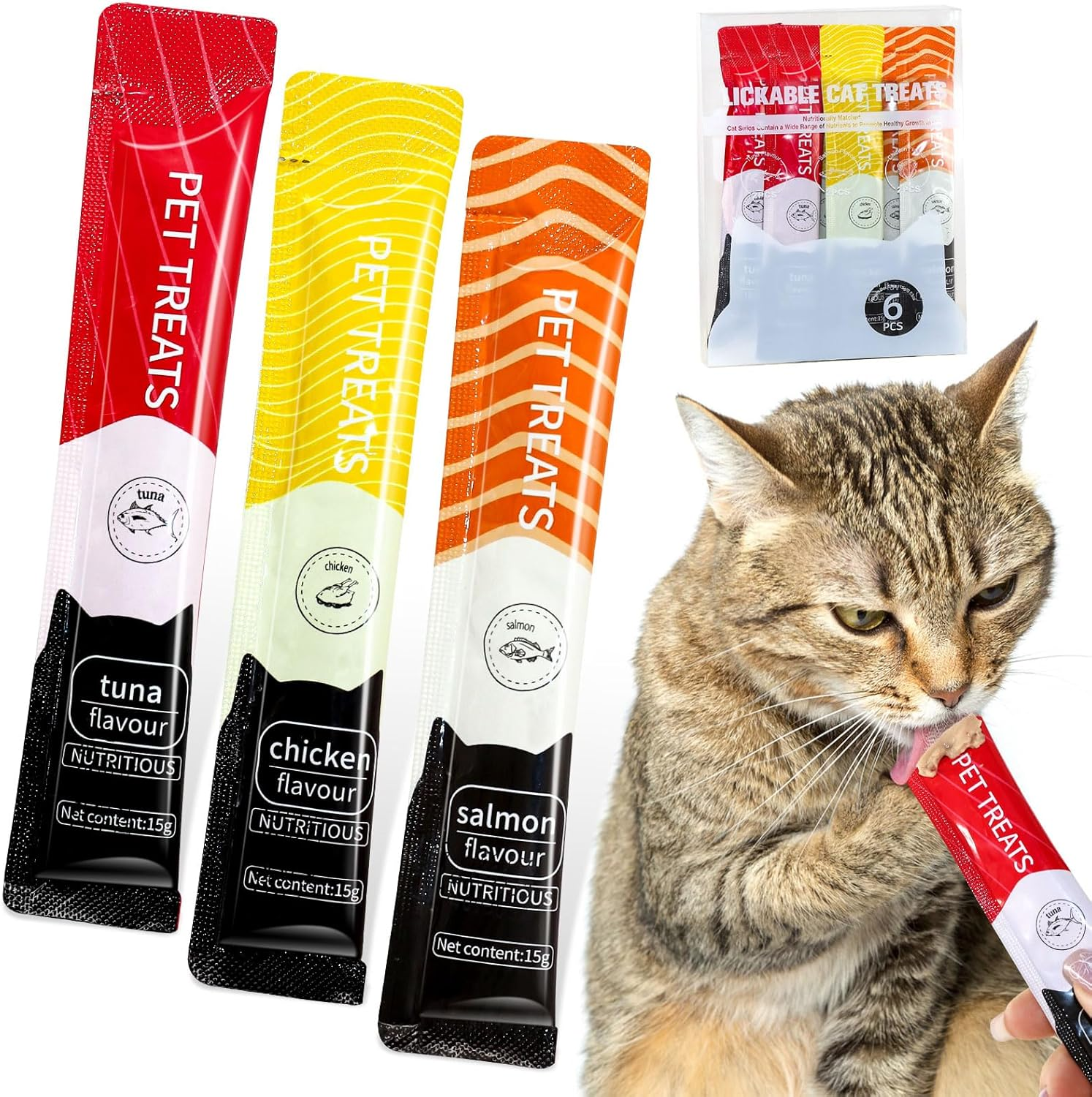 Xcdsxer Cat Treats,Lickable Cat Treats,Squeezable Cat Treats,Nutritionally Balanced to Promote Your Cat'S Healthy Growth,0.53 Ounces Each Tube,6 Tubes,Tuna,Salmon,And Chicken Flavors (6, Mix Flavor) image number 1