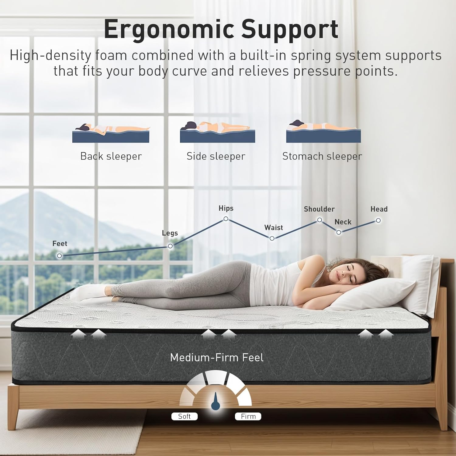 Single Size Mattress, 18Cm Memory Foam Mattress for Pressure Relief & Comfort Sleep, Knitted Breathable Cover, Medium Firm White+Grey