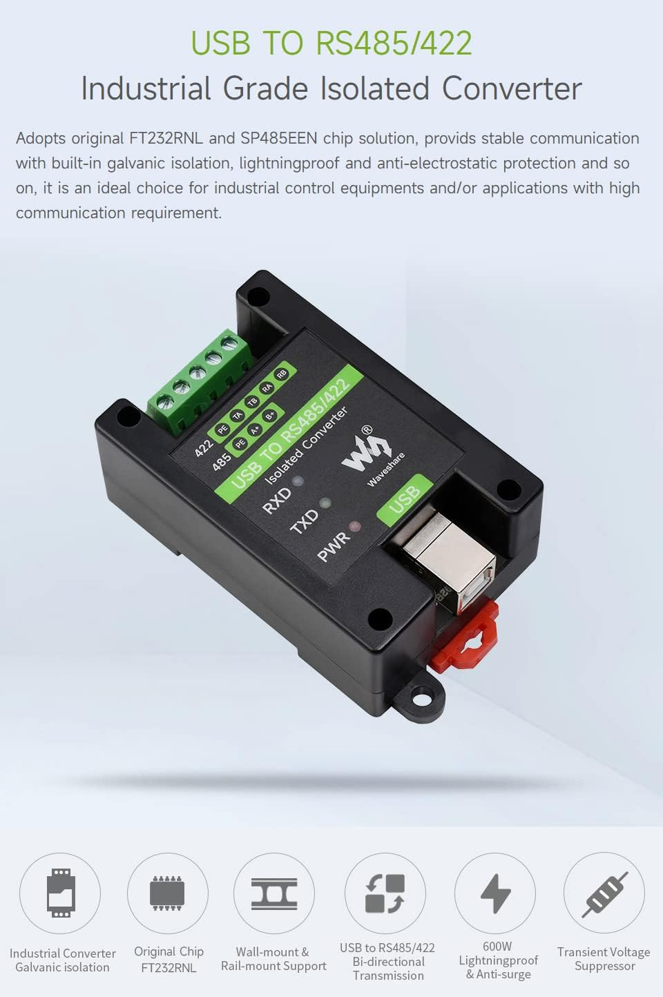 Waveshare USB to RS485/422 Industrial Grade Isolated Converter, Onboard Original FT232RL and SP485EEN, Multiple Protection, Wall-Mount and Rail-Mount Support, Fast Communication image number 5