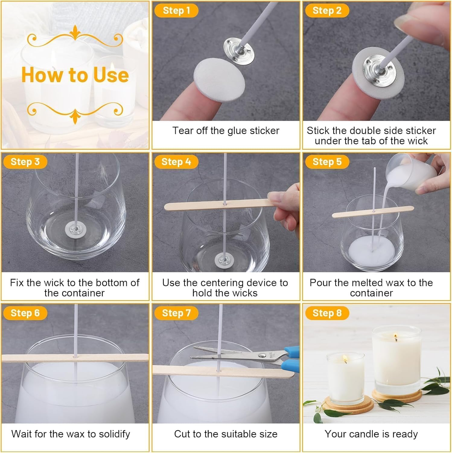 90Pcs Cotton Pre Waxed Candle Wicks with 10 Pcs Candle Wick Holders and 3 Sheets Dot Stickers,Candle Wicks for Making Candles image number 2