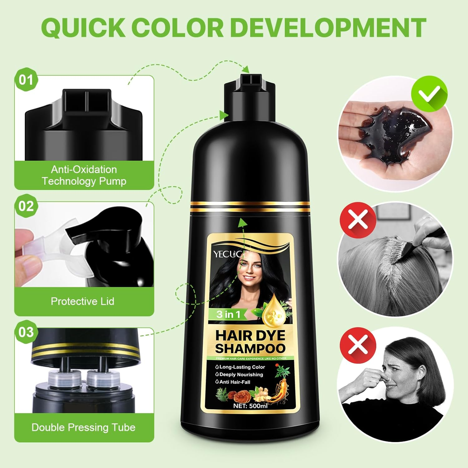 Black Hair Dye Shampoo 3 in 1, Natural Black Shampoo Hair Dye for Men and Women, Grey Hair, Easy to Use, 500Ml image number 1