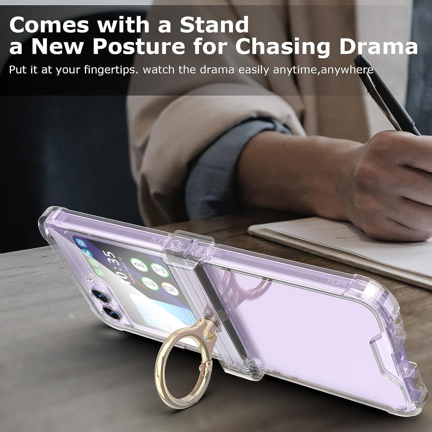 ELEPIK for Samsung Flip 5 Case with Hinge Protection, Samsung Galaxy Z Flip 5 Case with Ring Kickstand [Back Window Screen Protector] Protective Cover for Samsung Galaxy Z Flip 5 5G, Clear. image number 2